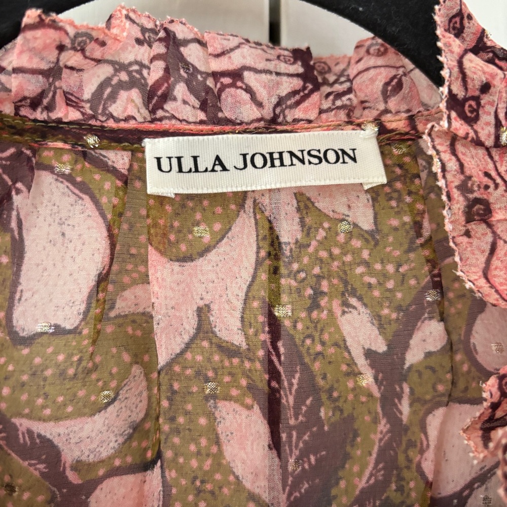 Ulla Johnson RARE Celestia Floral Batik Print Midi Dress Olive Ruffl Silk Size 6 - Picture 12 of 17